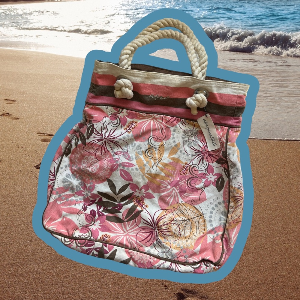 Aero Shoulder Tote Bag Hawaiian Floral Print Pink Brown Canvas